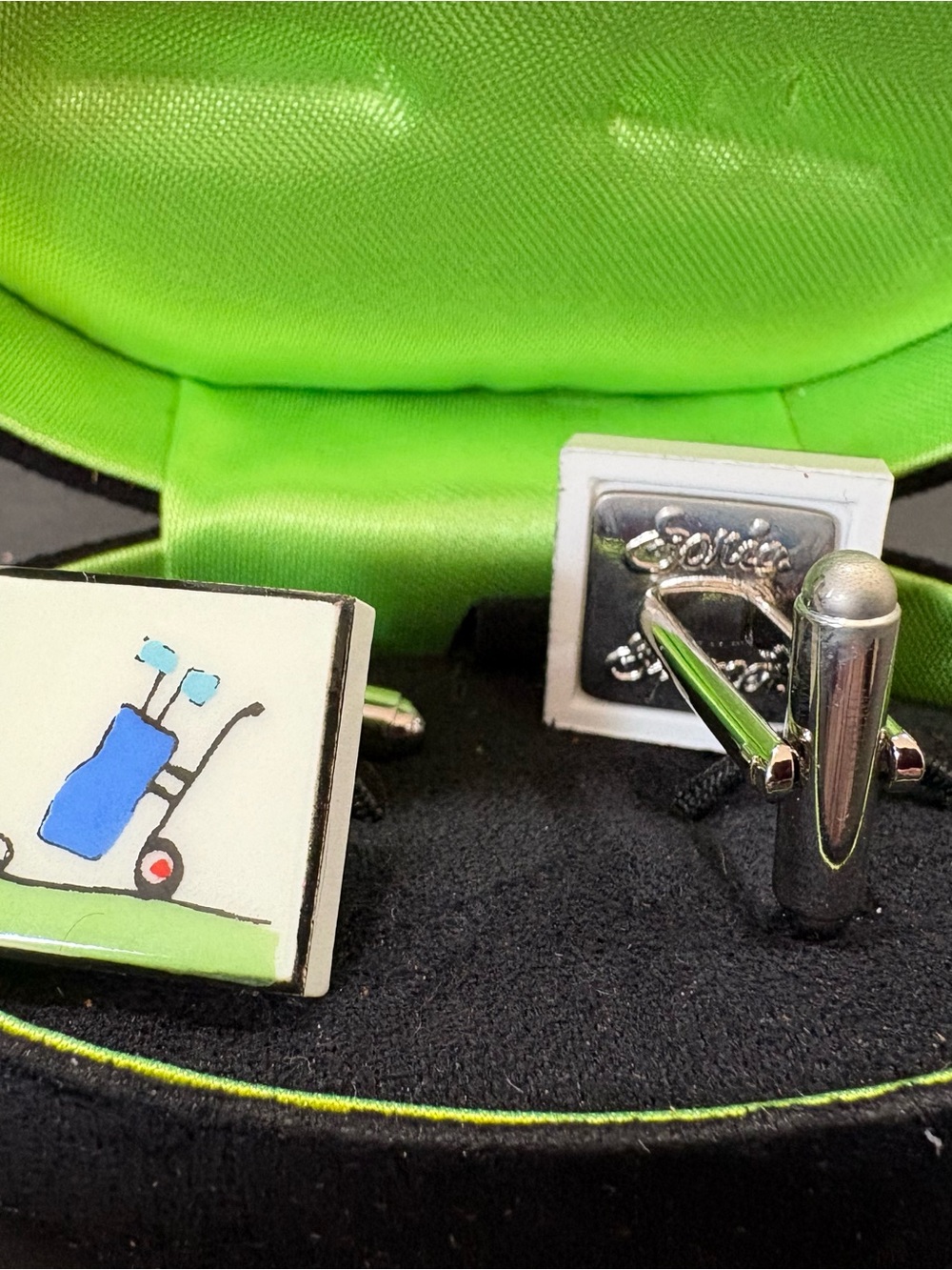 Silver and Green Golf Cart Cufflinks - Men's Accessories vintage Sotre brand